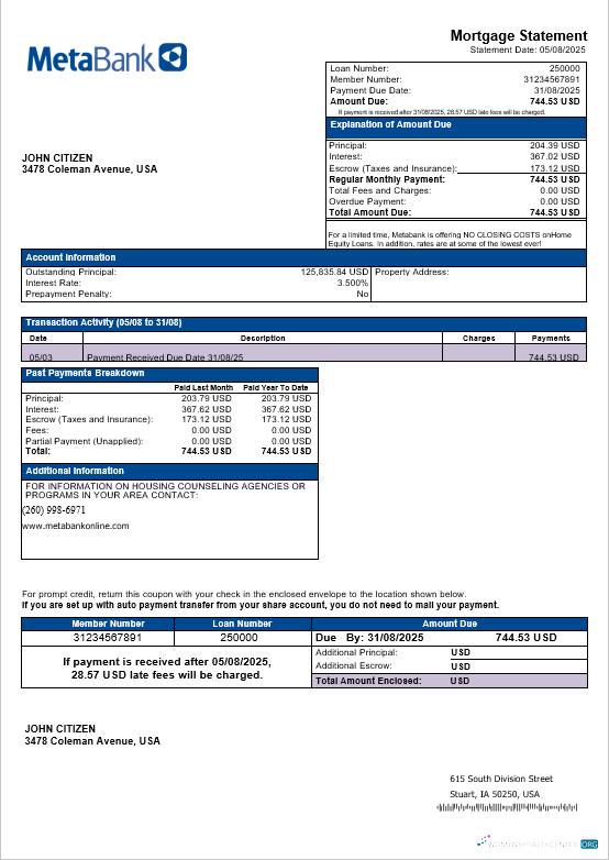 Download USA Washington Metabank mortgage statement in Word and PDF formats Photoshop template